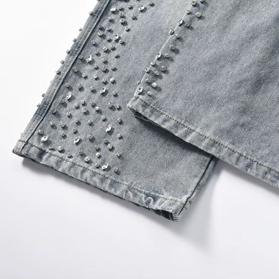 Diamond Jeans Side Rhinestone Wide Leg Baggy Jeans Men Streetwear Fashion Denim Pants Black Blue Hipster Jeans