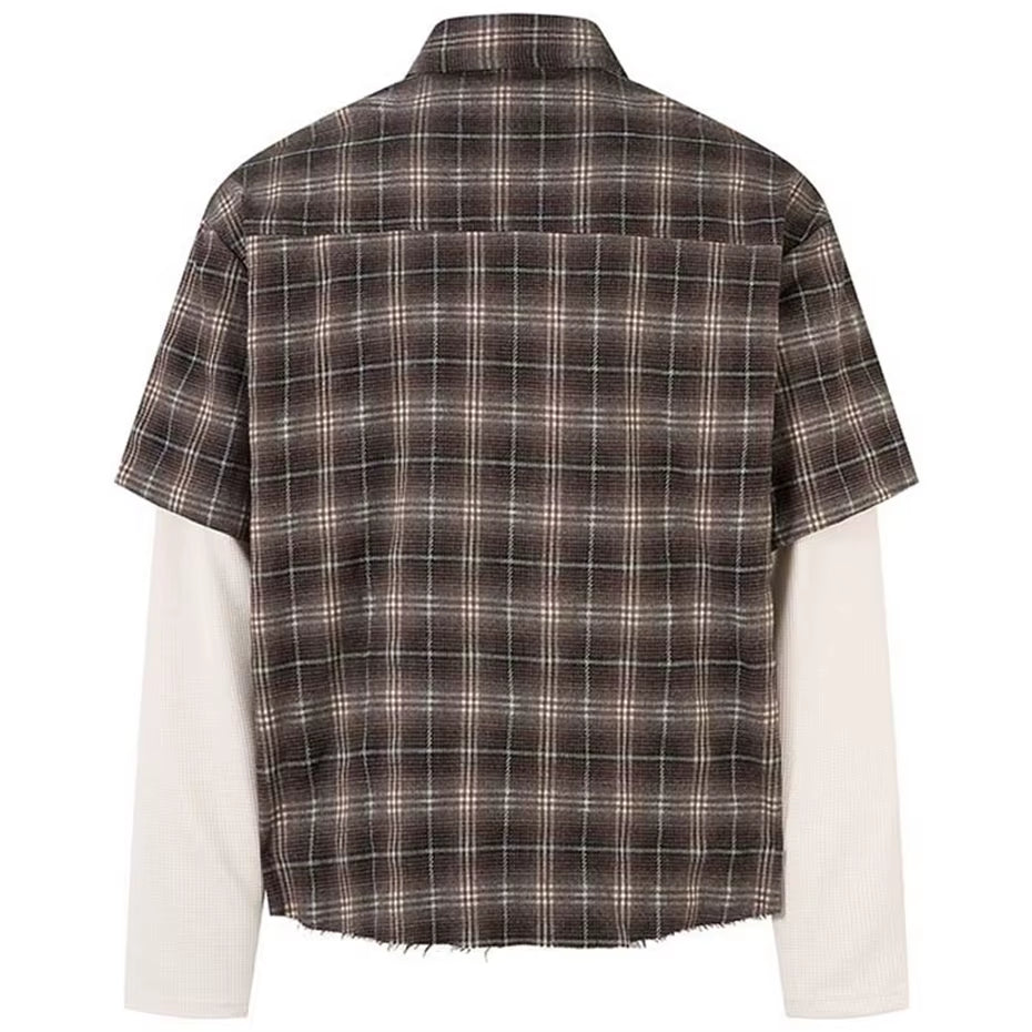 Vintage Plaid Shirts Fake Two Piece Loose Long Sleeve Shirts Button up Blouse Streetwear Harajuku Hip Hop Shirts